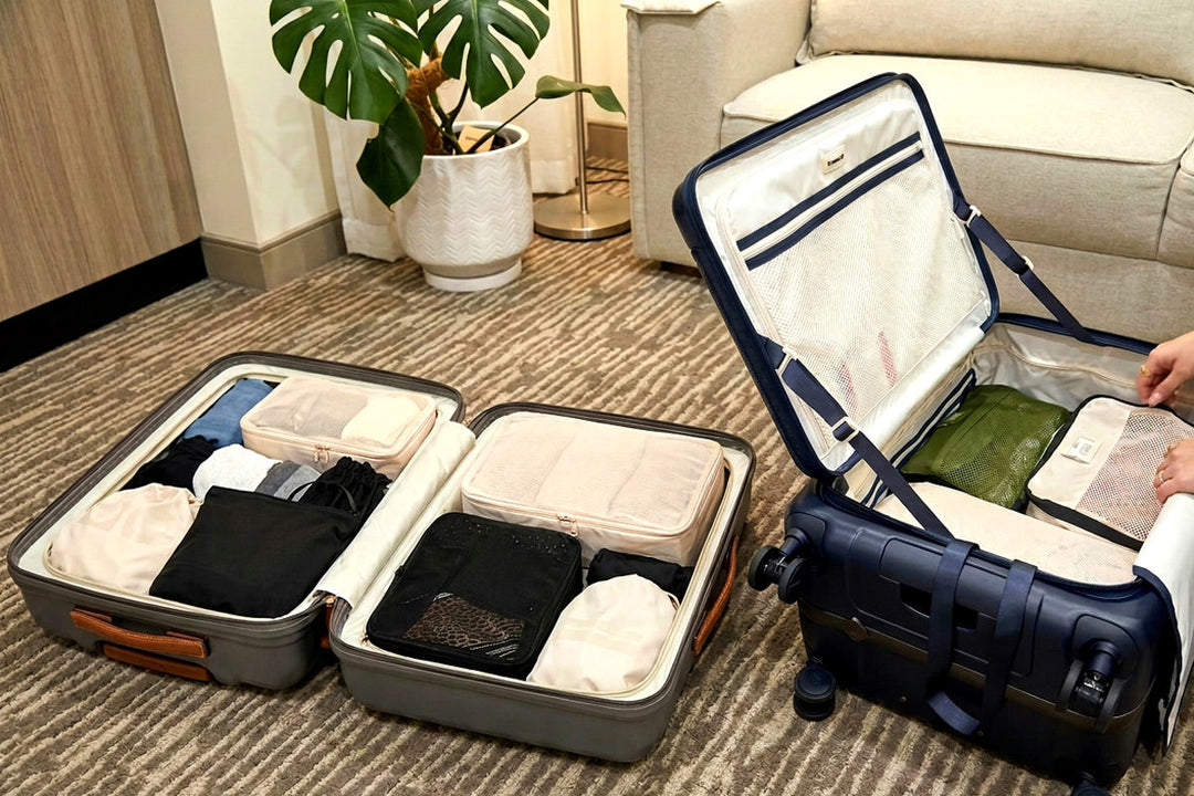 Two open suitcases on a hotel room floor: a grey clamshell case laid flat in two halves beside a navy top-opening case with its lid raised, both packed with packing cubes.