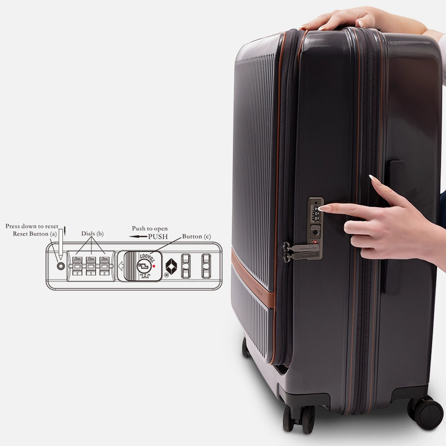 Flush-mounted TSA lock on the Glide, showing the reset button and slide latch