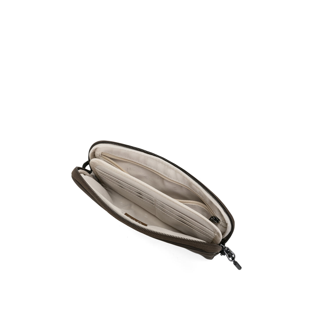 Anti-Theft Passport Pouch in Mocha | Open showing card slots | Zoomlite