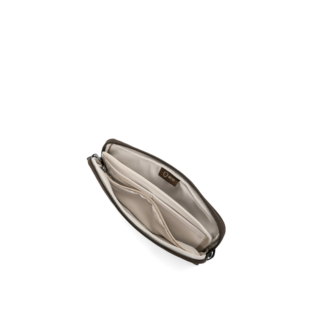 Anti-Theft Passport Pouch in Mocha | Open showing inner pockets | Zoomlite