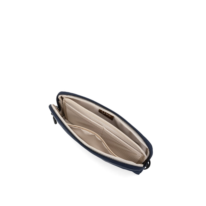 Anti-Theft Passport Pouch in Navy | Open showing inner pockets | Zoomlite