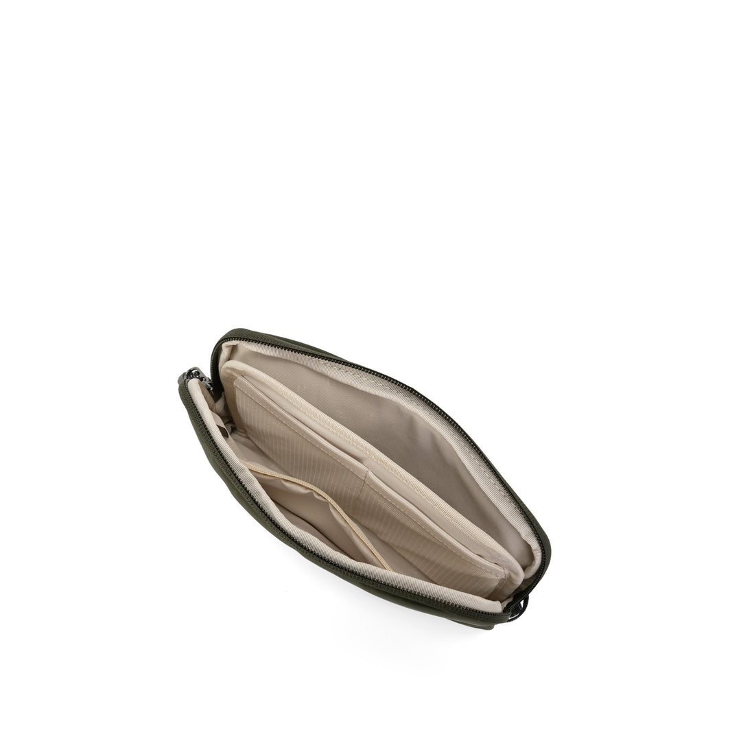 Anti-Theft Passport Pouch in Olive | Open showing inner pockets | Zoomlite