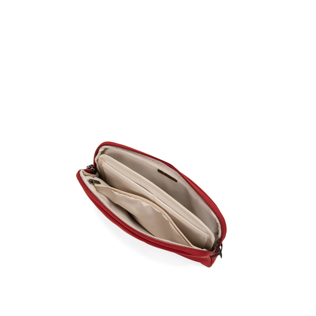 Anti-Theft Passport Pouch in Red | Open showing inner pockets | Zoomlite