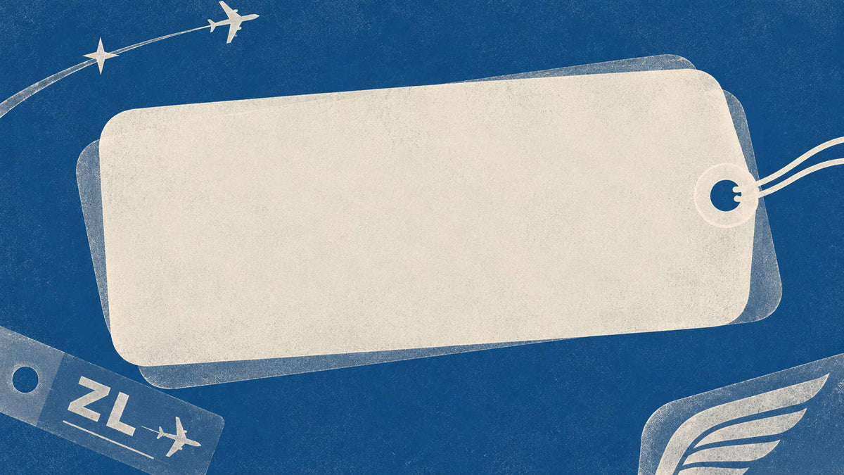 Blue luggage tag illustration with a cream tag for the gift guide
