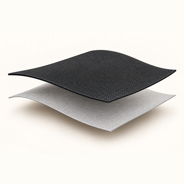 Cross-section diagram of a bag panel: black outer fabric over a grey inner lining, with no reinforcement layer between them