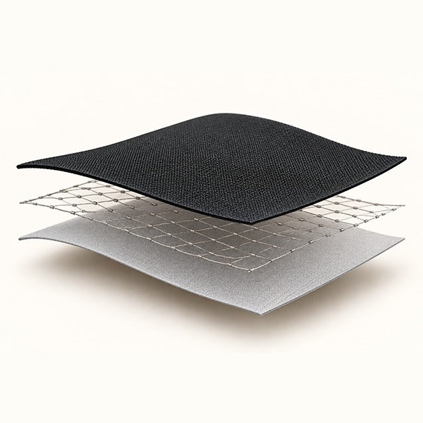Cross-section diagram of a bag panel: black outer fabric, a stainless-steel mesh barrier, then a grey inner lining