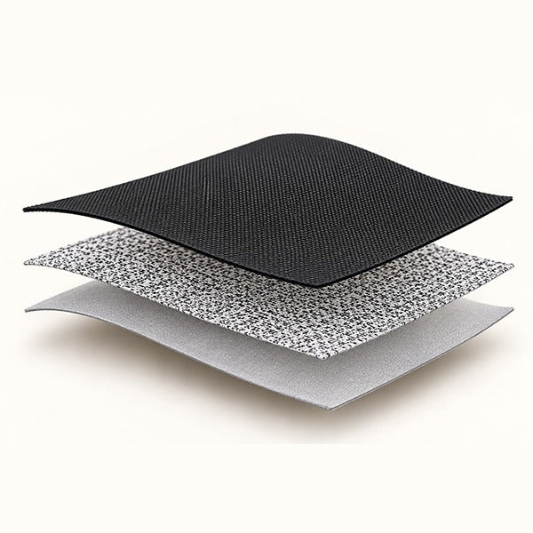 Cross-section diagram of a bag panel: black outer fabric, a woven UHMWPE reinforcement layer, then a grey inner lining