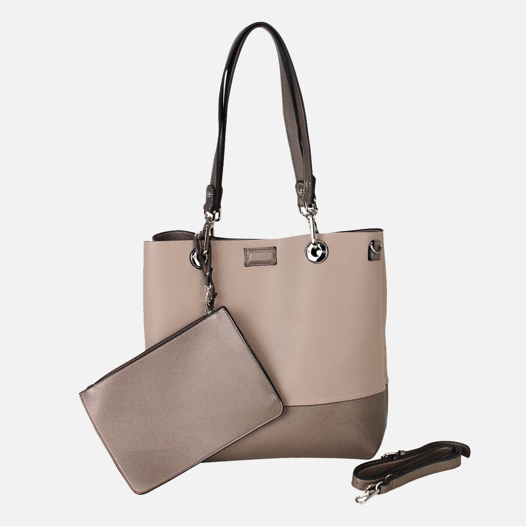 Vegan leather ladies tote bag with detachable strap#colour_bronzebge