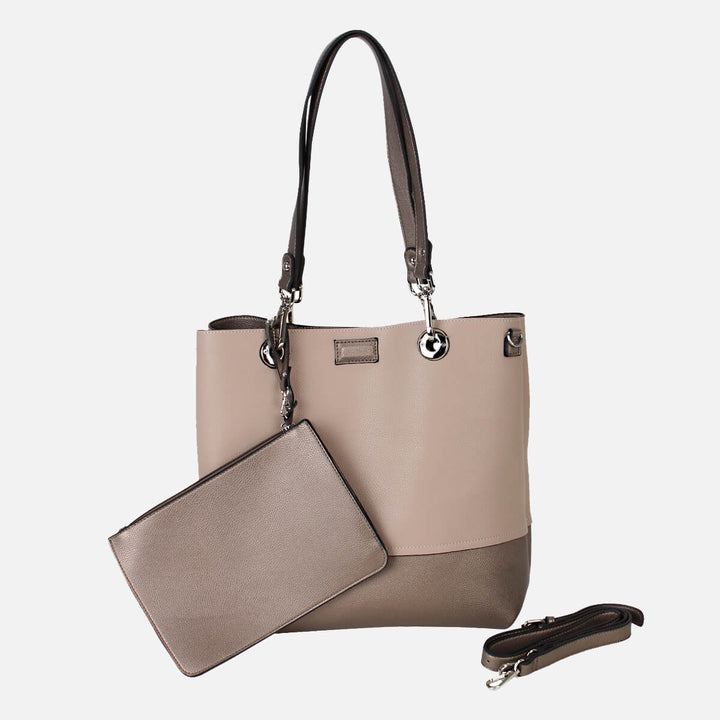 Vegan leather ladies tote bag with detachable strap#colour_bronzebge