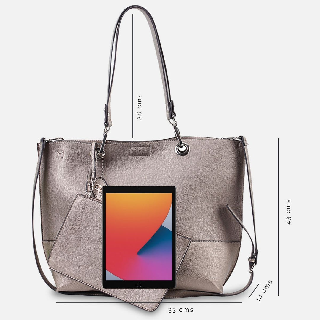 features illustrated of the pewter laptop tote#colour_bronzebge