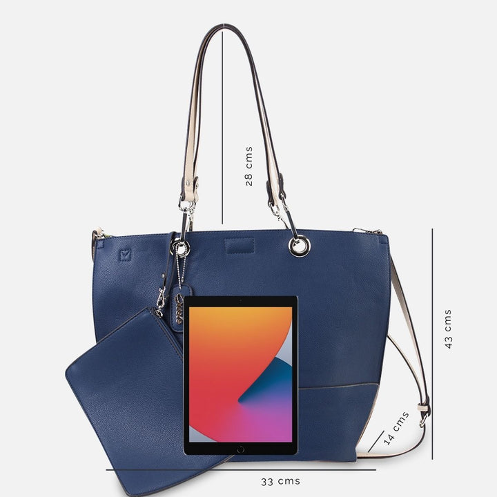 size of 43cms high 33cms wide 14cms deep with strap drop of 28cms with ipad illustrated#colour_bluechalk