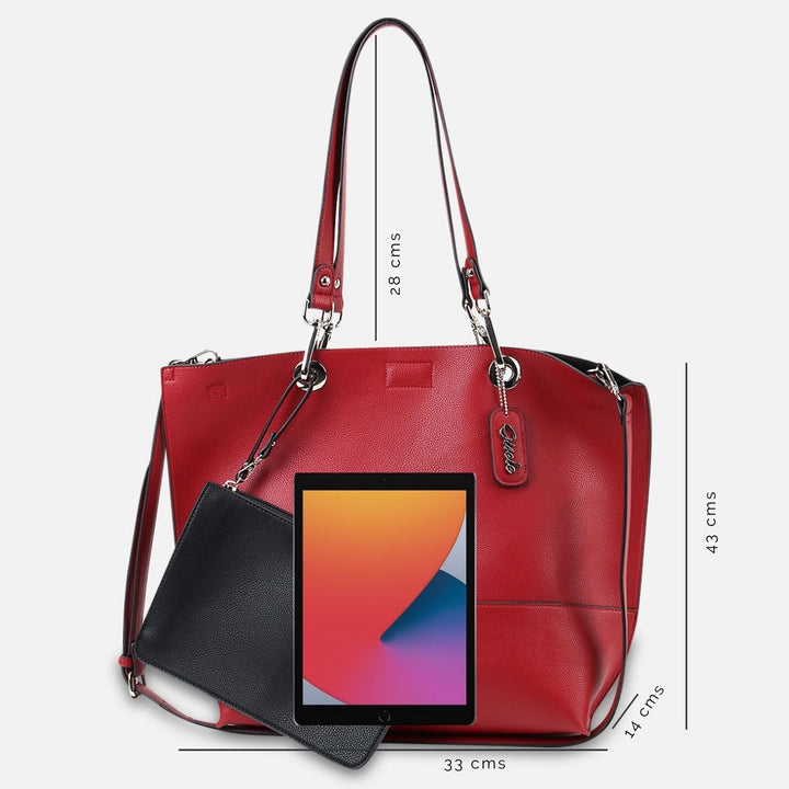 size of 43cms high 33cms wide 14cms deep with strap drop of 28cms with ipad#colour_scarletblk