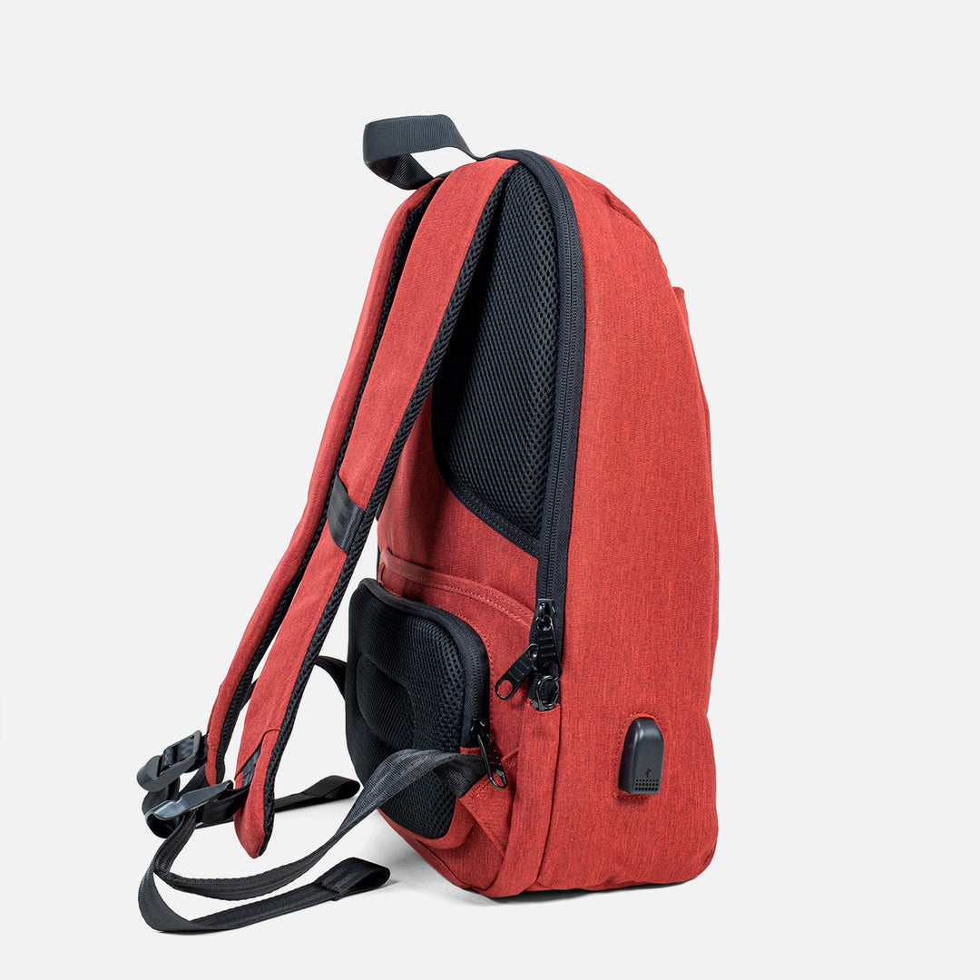 Image of backpack's padded back and shoulder straps for comfortable wear on long trips - burgundy