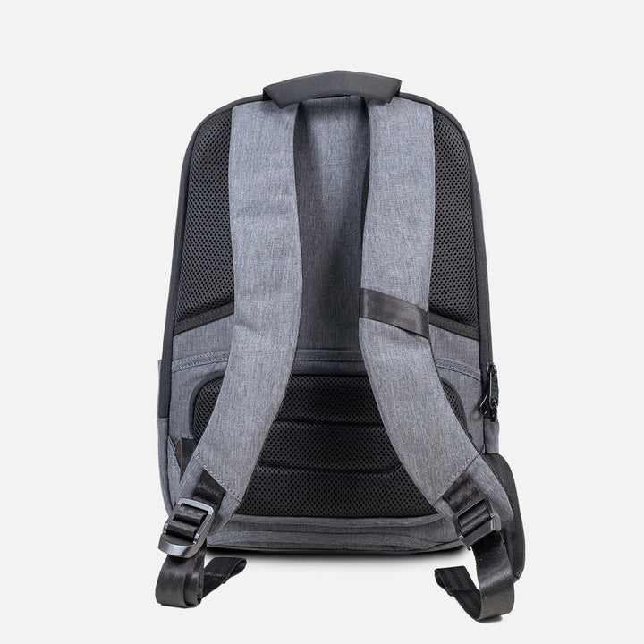 Back view of anti-theft backpack with discreet pocket for storing passport or wallet - Grey