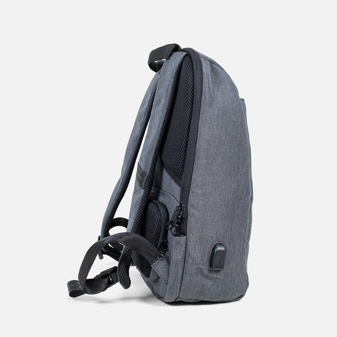 Image of backpack's padded back and shoulder straps for comfortable wear on long trips grey