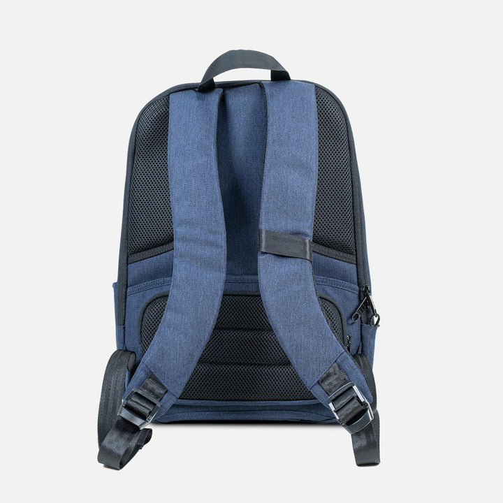 Back view of anti-theft backpack with discreet pocket for storing passport or wallet - Navy