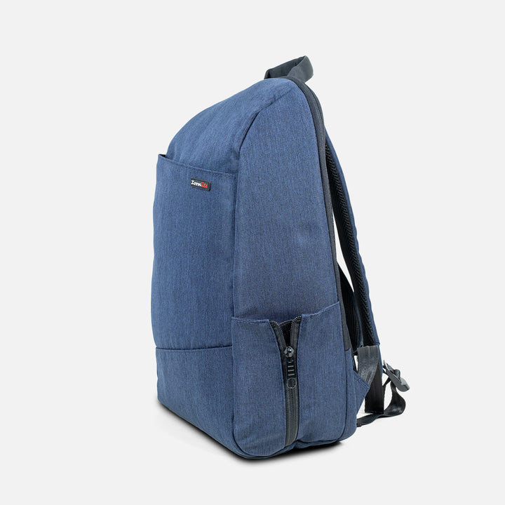 Side view of secure travel backpack with External zippered pocket - navy