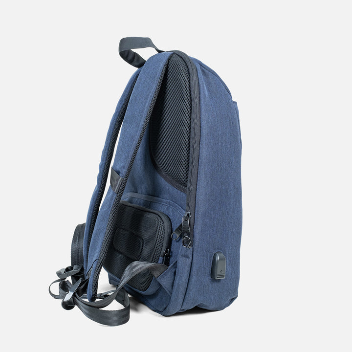 Image of backpack's padded back and shoulder straps for comfortable wear on long trips in navy