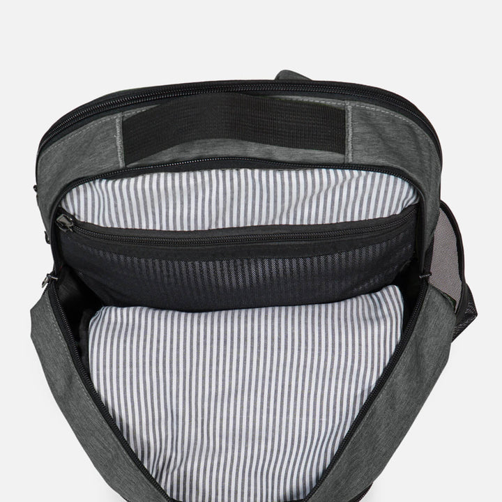 Slim compartment fits clothing shoes with mesh pocket for smaller items#colour_grey